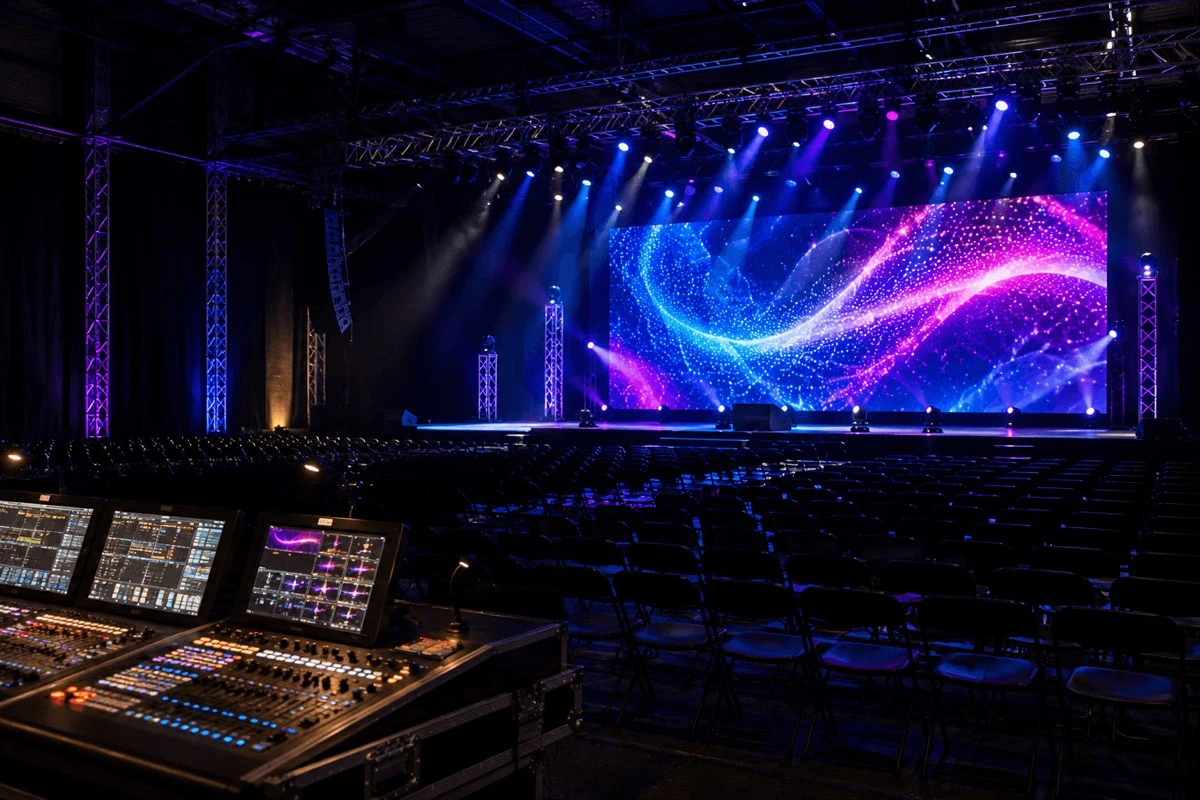 Indoor event stage with a large LED screen and production lighting